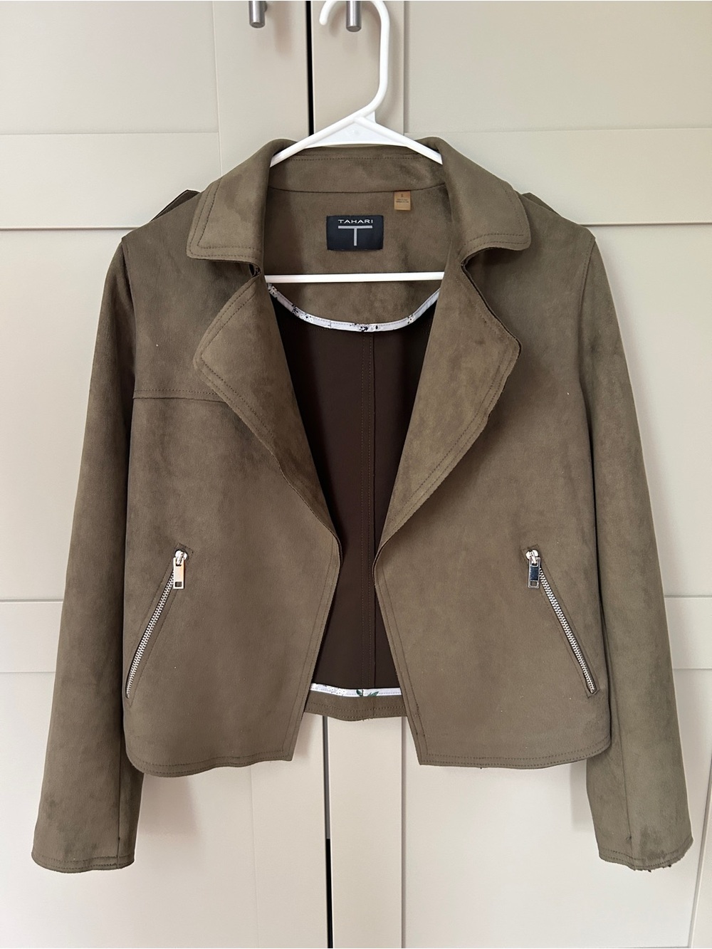 Tahari Olive Suede Moto Jacket - Taupe/Olive